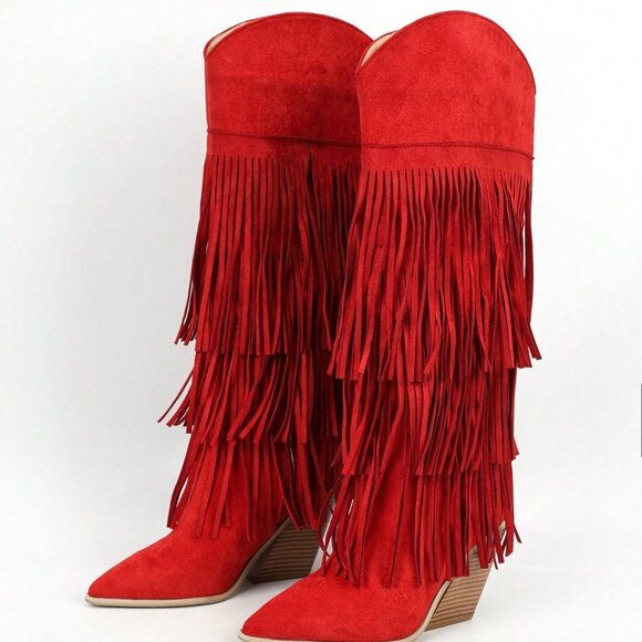 Red Western Women's Sexy Knee-High Geometric Faux Suede Chunky Heel Boots - Picture 5 of 7